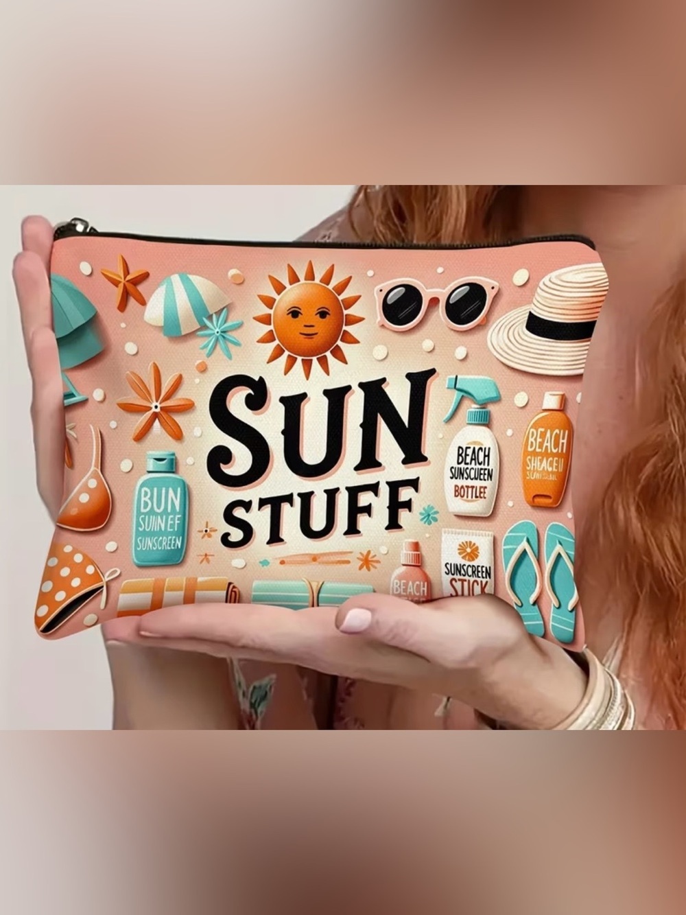 Sun Stuff Graphic Cosmetic Pouch — Peach & Teal